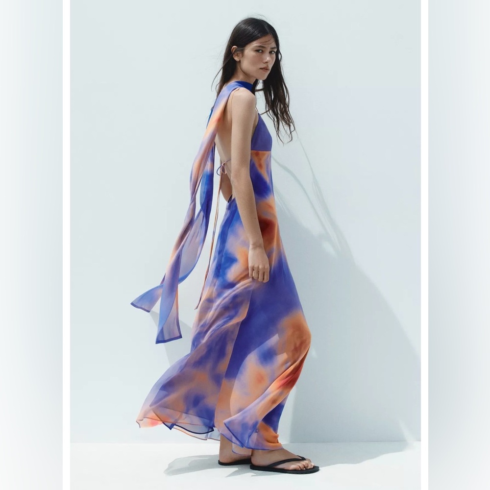 NWT Zara Foulard Print Long Tye Dye Dress Size Small Tyenaranja 8221